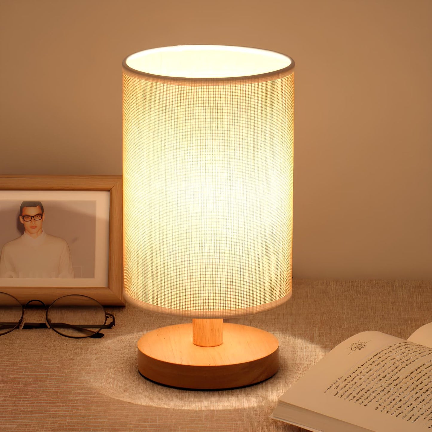 Lampe de Table Bois Naturel & Tissu – Lumière Dimmable