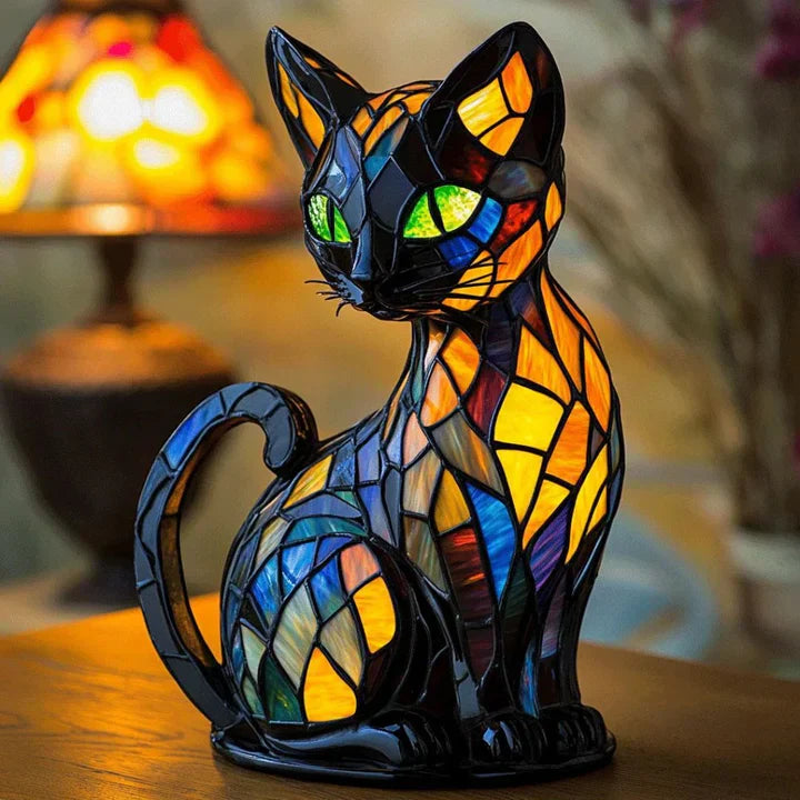 Lampe de Table Chat en Verre Tiffany