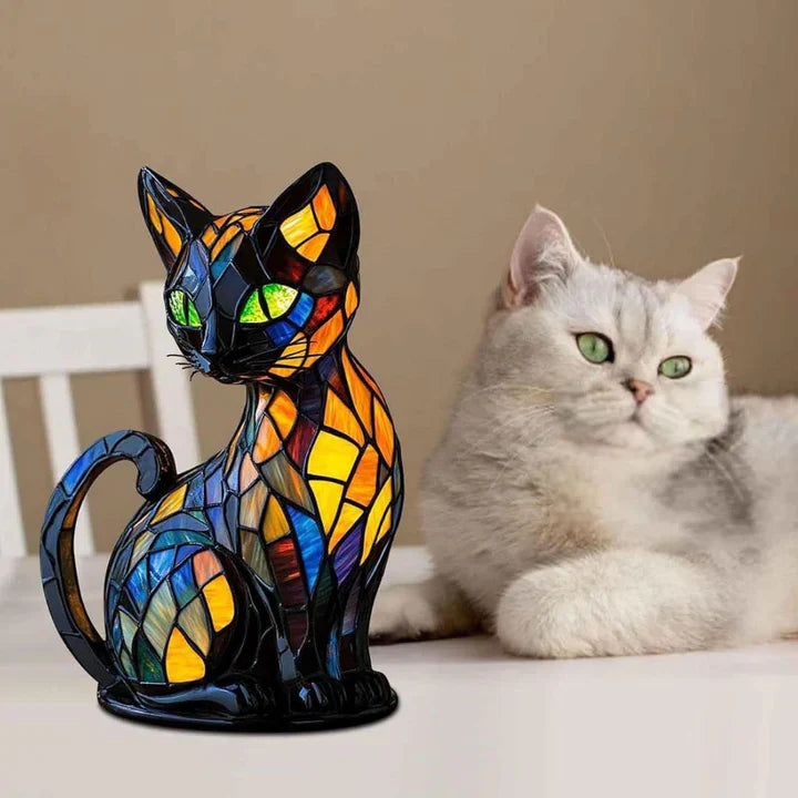 Lampe de Table Chat en Verre Tiffany