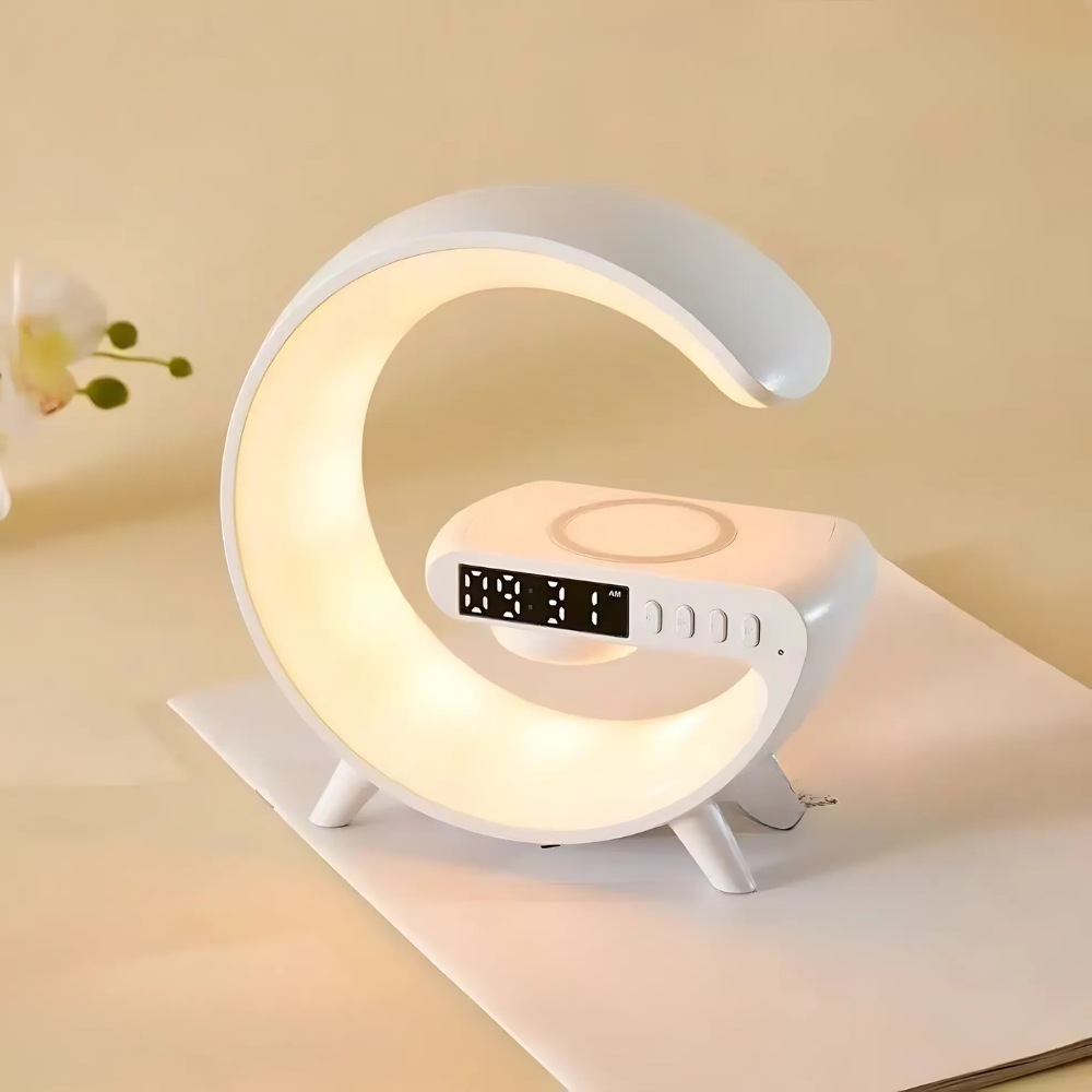 Lampe de Recharge Sans Fil avec Horloge et Haut-Parleur LED