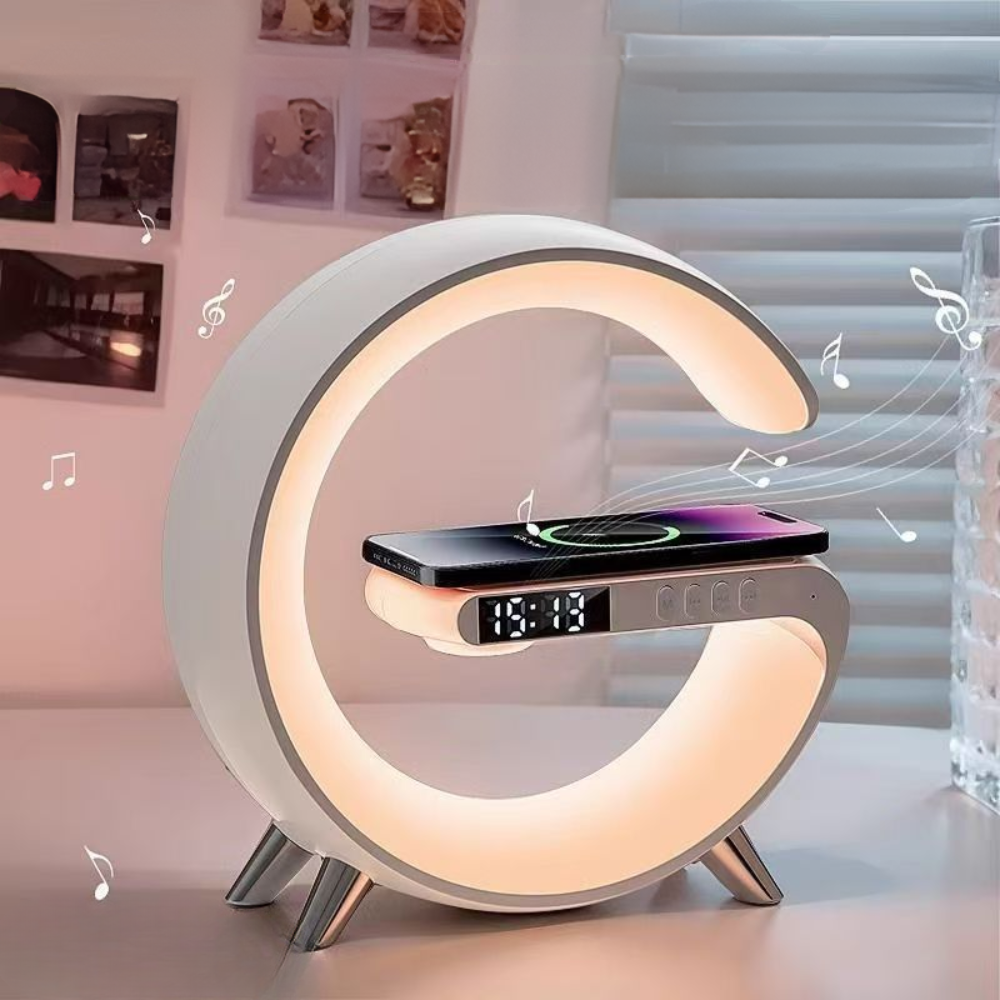 Lampe de Recharge Sans Fil avec Horloge et Haut-Parleur LED