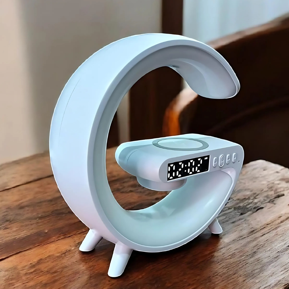 Lampe de Recharge Sans Fil avec Horloge et Haut-Parleur LED