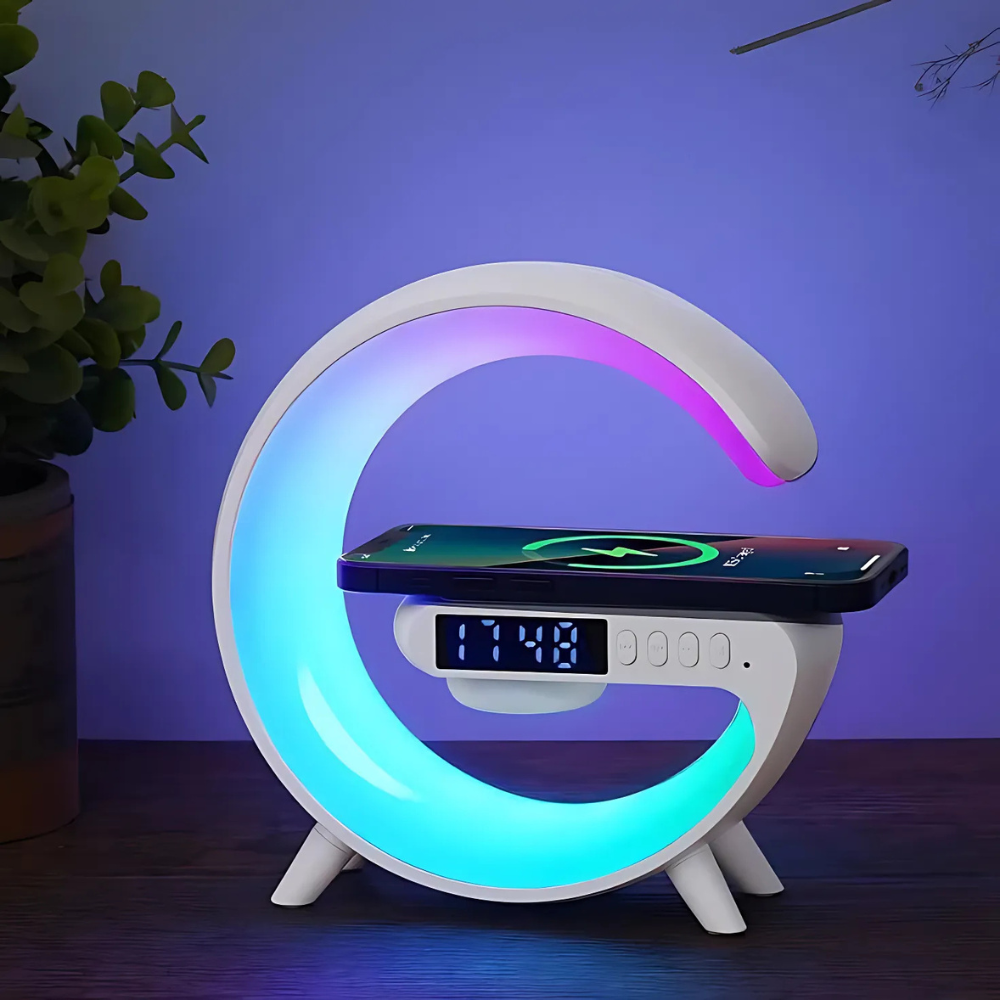 Lampe de Recharge Sans Fil avec Horloge et Haut-Parleur LED