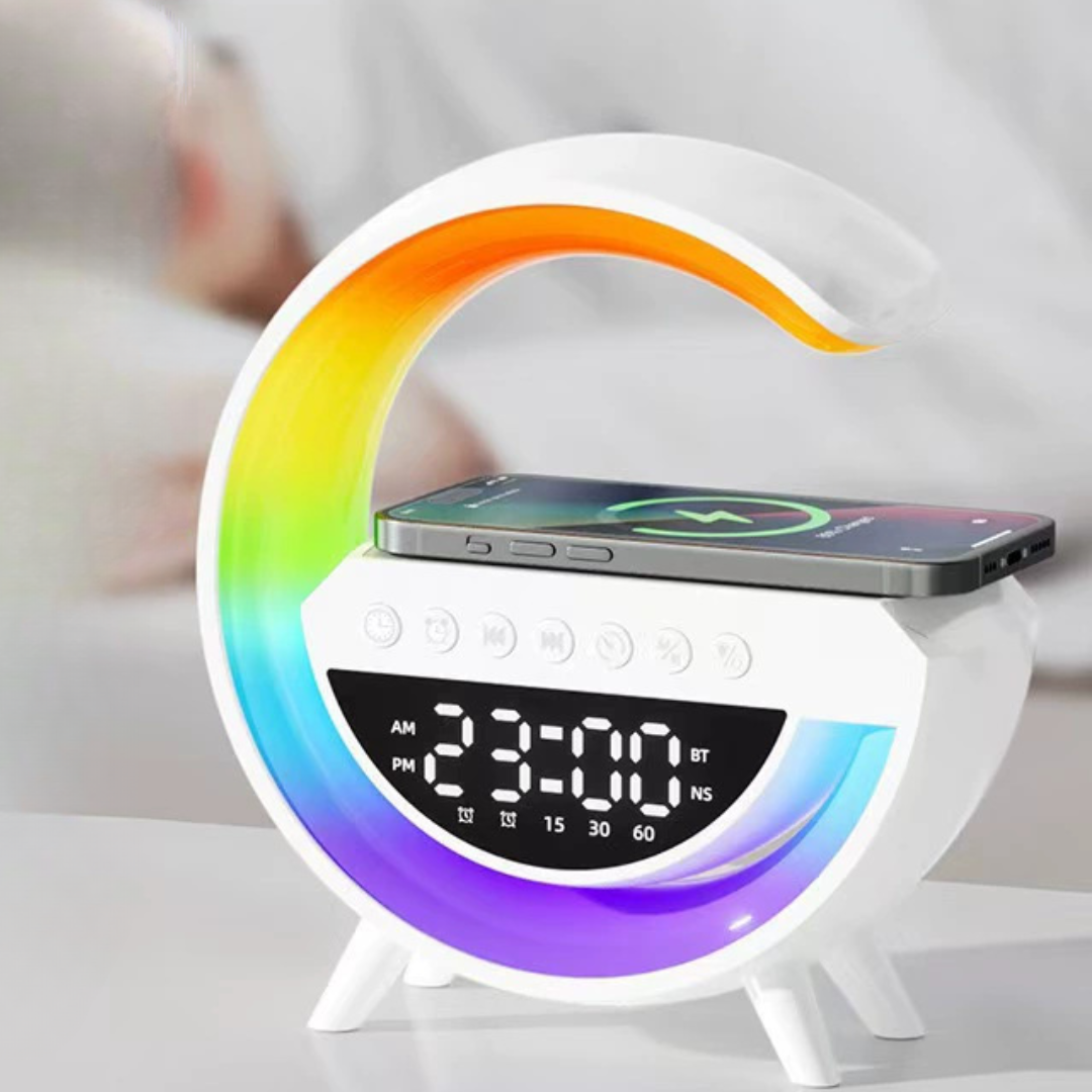 Lampe de Recharge Sans Fil avec Horloge et Haut-Parleur LED